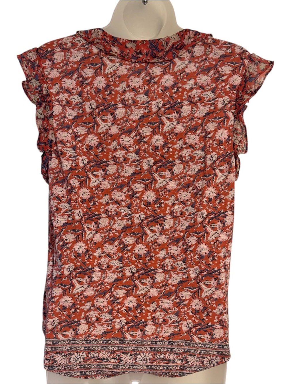 Lucky Brand Rust Floral Tie-Neck Ruffle Cap Sleeve Top MEDIUM  #Y - Picture 6 of 8